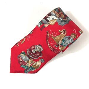 Wembley 100% Silk Christmas Tie Red Santa Children Carolers Rocking Horse USA